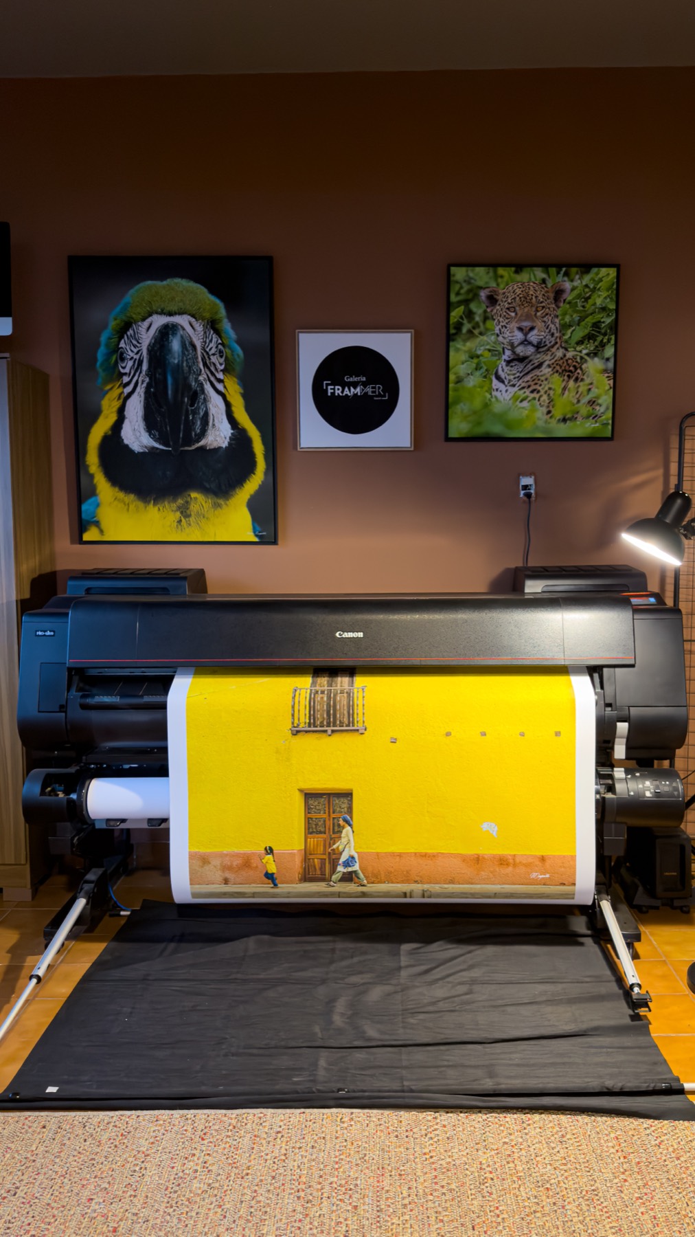 Impressora de grande formato com uma fotografia saindo em papel fine art